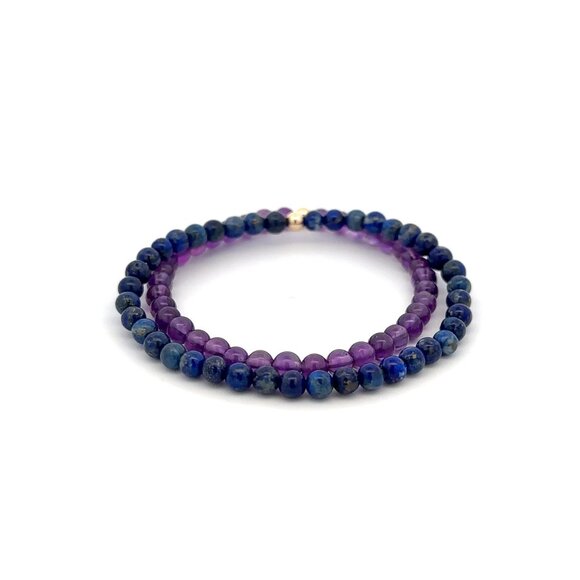 Lapis Lazuli & Amethyst Gemstone Stretch Bracelet with 14K Gold Accent Bead Hand - Picture 4 of 7